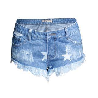 Star Print Distressed Denim Hot Pants