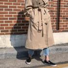 Balloon-sleeve Belted Long Trench Coat