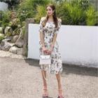 Square-neck Floral Print Dress With Sash