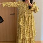 Long-sleeve Floral Print Midi Dress Floral - Yellow - One Size