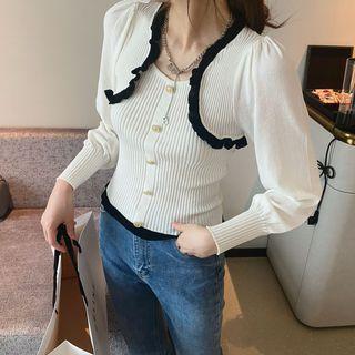 Frill Trim Ribbed Knit Top White - One Size