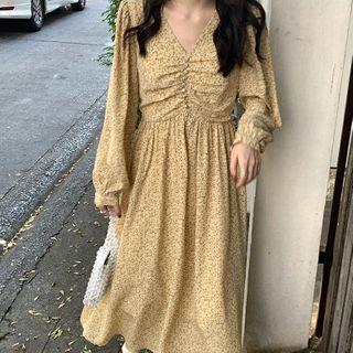 Puff-sleeve Ruched V-neck Dress