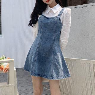 Long-sleeve Mock Two-piece Denim Mini Dress
