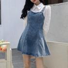Long-sleeve Mock Two-piece Denim Mini Dress