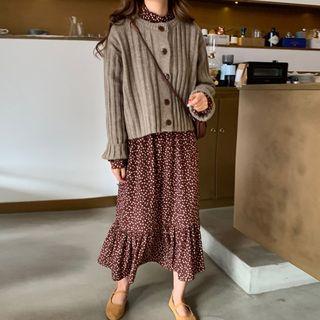 Ribbed Buttoned Cardigan / Patterned Long-sleeve Midi Ruffle-hem Shift Dress