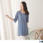 Elbow Sleeve Embroidered Half-button Chiffon Tunic Top