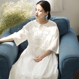 Drawstring Waist 3/4-sleeve Midi Shirt Dress