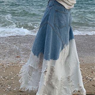 Distressed Two-tone A-line Maxi Denim Skirt