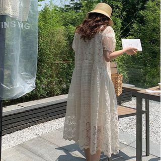 Puff-sleeve Lace Midi Smock Dress White - One Size