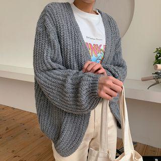 Balloon-sleeve Open-front Rib-knit Cardigan