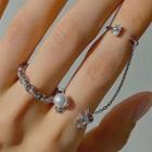 Rhinestone Faux Pearl Chained Open Ring 1 Pc - Rhinestone Faux Pearl Chained Open Ring - White Gold - One Size