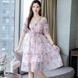 Set: Flower Print Short-sleeve A-line Chiffon Dress + Slipdress
