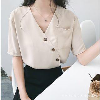 Short-sleeve V-neck Asymmetrical Blouse