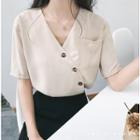 Short-sleeve V-neck Asymmetrical Blouse