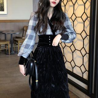 Color-block Plaid V-neck Puff-sleeve Top / High-waist Frilled Skirt