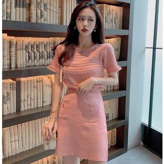 Set: Short-sleeve Ruffle-trim Knit Top + A-line Skirt