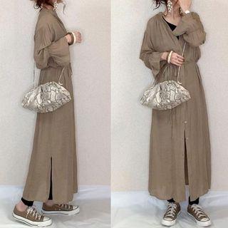 Bell-sleeve Maxi A-line Dress Khaki - One Size