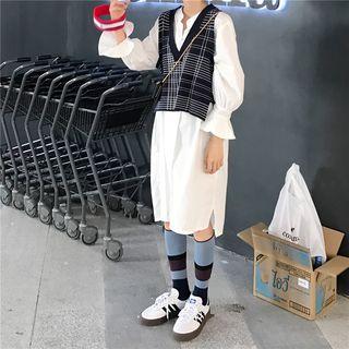 Long-sleeve Frill Trim Shirt Dress / Asymmetric Plaid Vest