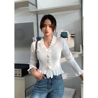 Frill Crop Rib-knit Cardigan