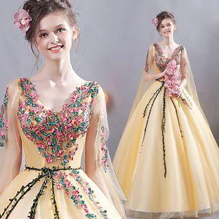 Flutter Sleeve Embellished Ball Evening Gown
