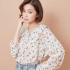 Long-sleeve Floral-print Ruffled Top 01 - Almond - One Size