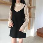 Set: Long-sleeve Frilled See-through Blouse + Sleeveless Dress As Figure - One Size