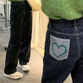 High Waist Heart Print Wide Leg Jeans