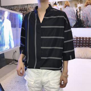 Striped Lapel Elbow-sleeve Shirt