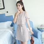 Set: Plaid Cut Out Shoulder Short Sleeve Top + Skirt