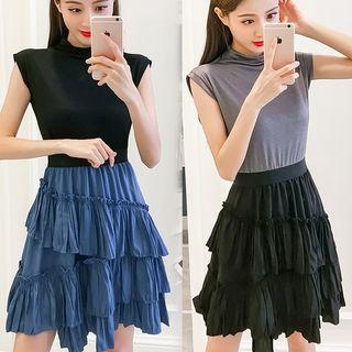 Set: Mock Neck Sleeveless Top + Layered A-line Skirt