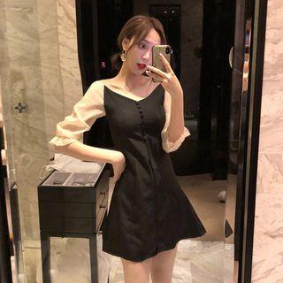 Wide-neck Mock Two-piece A-line Dress