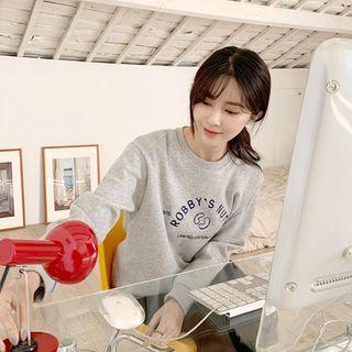 Letter-embroidered Slit-side Napped Pullover Gray - One Size