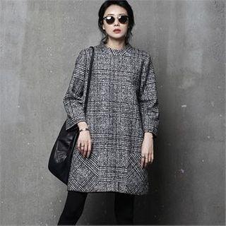 Mock-neck 3/4-sleeve Checked Dress