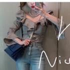Ruffle Plaid 3/4-sleeve Blouse Plaid - Gray - One Size