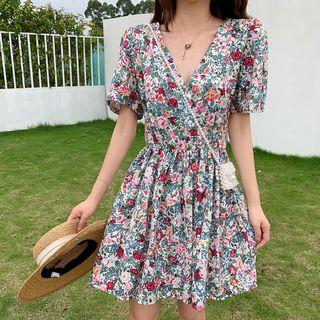 Floral Print V-neck Puff-sleeve Dress