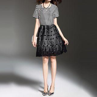 Short-sleeve Paneled Striped A-line Dress
