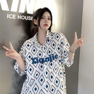 Elbow-sleeve Argyle Lettering Shirt