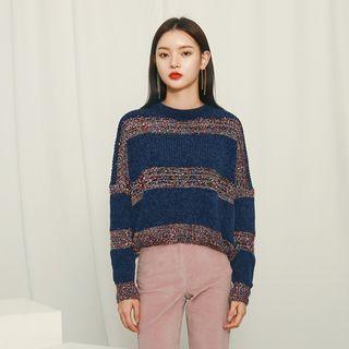Round-neck Glittered-detail Knit Top Navy Blue - One Size