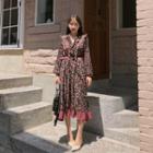 Tie-neck Frilled Floral Long Chiffon Dress One Size