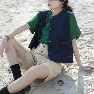 Denim Single-breasted Vest Dark Blue - One Size