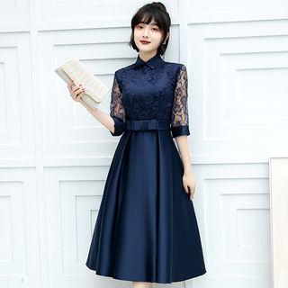 Lace-sleeve Collared Midi A-line Dress