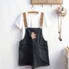 Bear Embroidered Denim Jumper Shorts / Short-sleeve T-shirt / Set