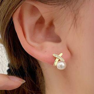 Cross Faux Pearl Earring 1 Pair - Gold - One Size