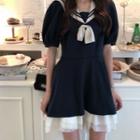 Short-sleeve Sailor Collar Mesh Trim Mini A-line Dress Dark Blue - One Size