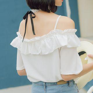 Cold-shoulder Short-sleeve Ruffle-trim Top