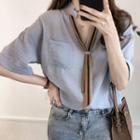 Elbow-sleeve Mock-tie Stand Collar Shirt