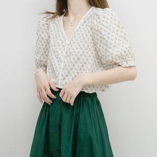 Short-sleeve Print Blouse Floral - White - One Size