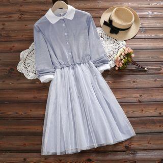 Striped Drawstring Waist Mesh Overlay Shirtdress