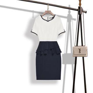 Ruffled Two-tone Short-sleeve Mini Sheath Dress