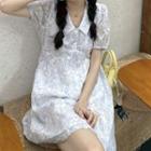 Short-sleeve Collared Floral Print Mini A-line Dress White - One Size